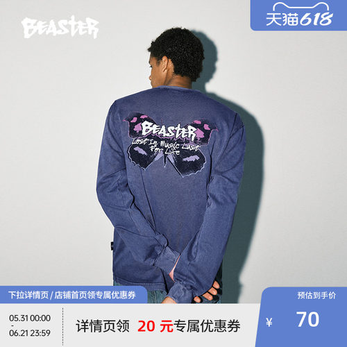 BEASTER做旧蝴蝶长袖T恤男生23新品无性别美式户外潮牌重磅体恤女