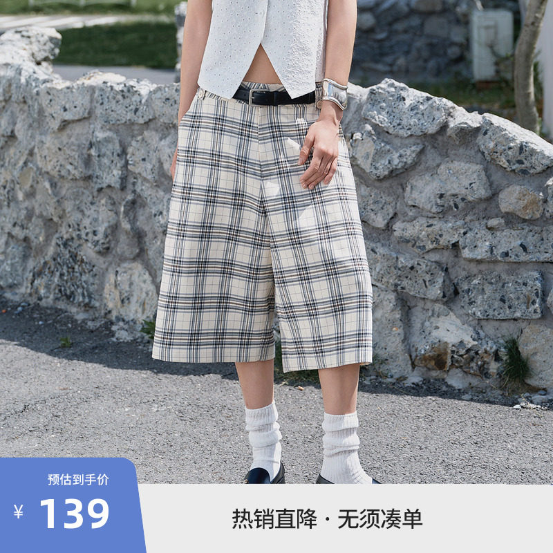 BEASTER复古格子短裤女25夏百搭薄款扶桑花刺绣阔腿休闲七分裤子 - 实物图