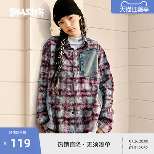 BEASTER奥莱做旧格纹拼接衬衫24春新品纯棉情侣休闲外套