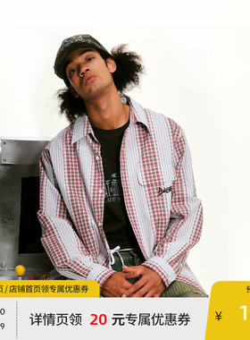 BEASTER点缀刺绣图案格纹长袖衬衫男休闲条纹拼接衬衣外套