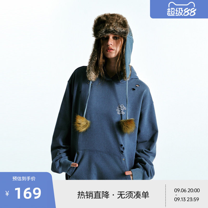BEASTER复古雪花工艺连帽卫衣男美式25秋冬新款印花图案破洞上衣图片