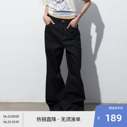 BEASTER黑色水洗直筒牛仔裤男夏黑色微弯刀裤长裤子
