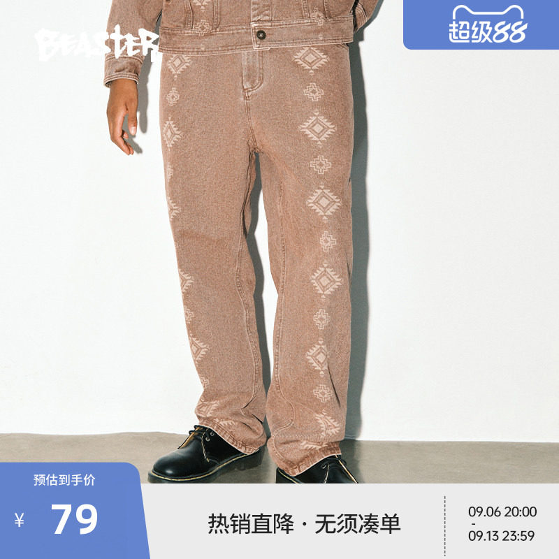 BEASTER民族纹样牛仔裤男23新品直筒宽松美式复古情侣蓝色长裤女图片