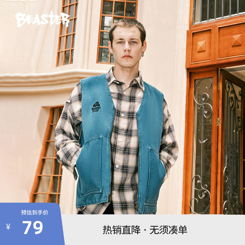 BEASTER奥莱蘑菇工装棉马甲男冬潮流美式风情侣休闲保暖棉衣外搭