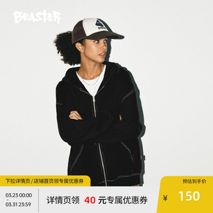 休闲纯棉青少年薄款 美式 外套男 女23冬装 BEASTER撞色车线卫衣开衫