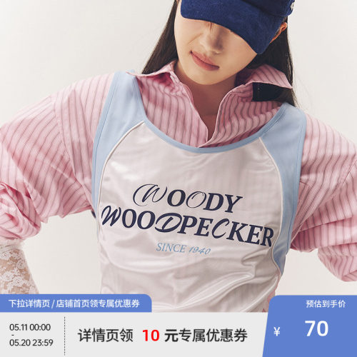 【啄木鸟伍迪联名】BEASTER胶印图案字体背心女蕾丝撞色运动上衣