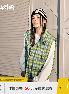 BEASTER奥莱鬼脸格纹羽绒马甲女冬装cleanfit白鸭绒男式短款外套