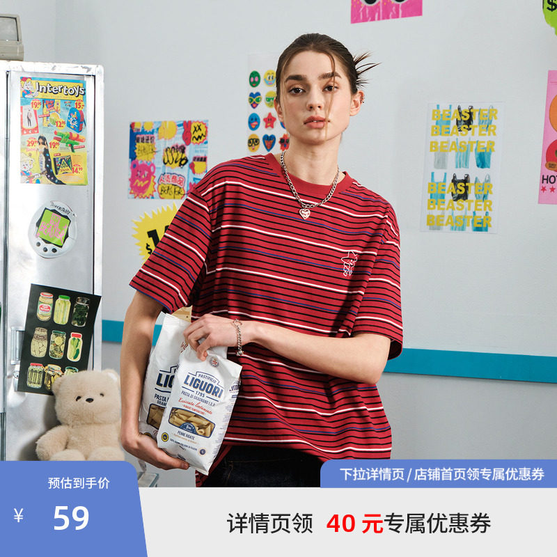 BEASTER条纹宽松柔软短袖T恤男夏季新款星星印花贴肤情侣上衣女图片