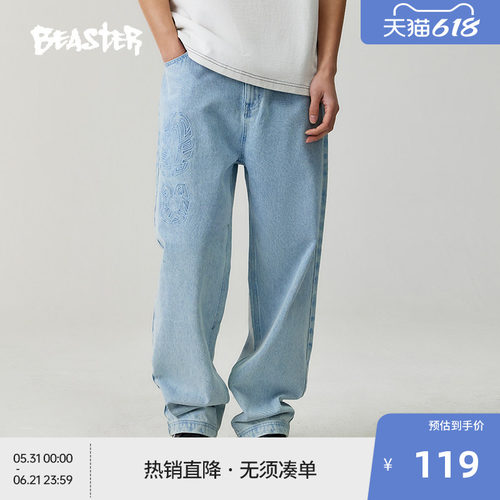 【商场同款】BEASTER趣味绣花牛仔裤夏新款潮牌美式休闲情侣长裤