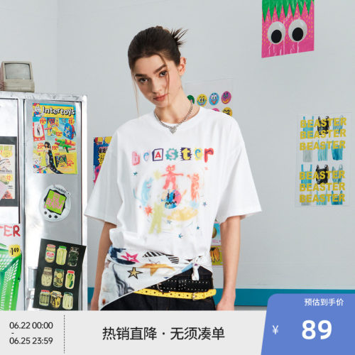 BEASTER重磅纯棉亲肤透气短袖T恤男夏季新款手绘涂鸦印花上衣女