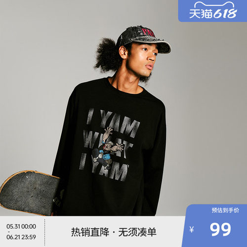 【大力水手联名】BEASTER做旧印花图案长袖T恤男美式休闲宽松上衣