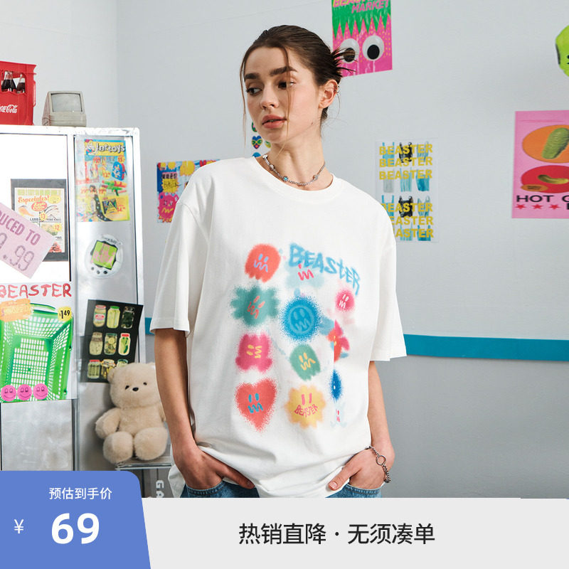 BEASTER鬼脸重磅纯棉印花短袖T恤男新款亲肤情侣上衣女图片