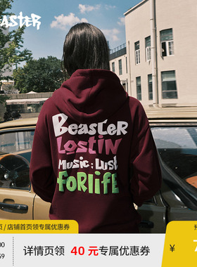 BEASTER发泡标语印花连帽卫衣男红色加绒户外重磅宽松保暖帽衫