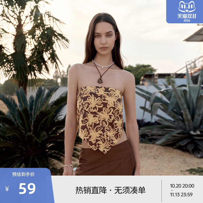 BEASTER满印扶桑花外穿抹胸女夏25度假风高级感双层丝滑无袖上衣
