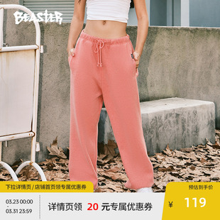 运动粉色束脚长裤 美式 女 男23冬装 BEASTER唱片人印花440g重磅卫裤