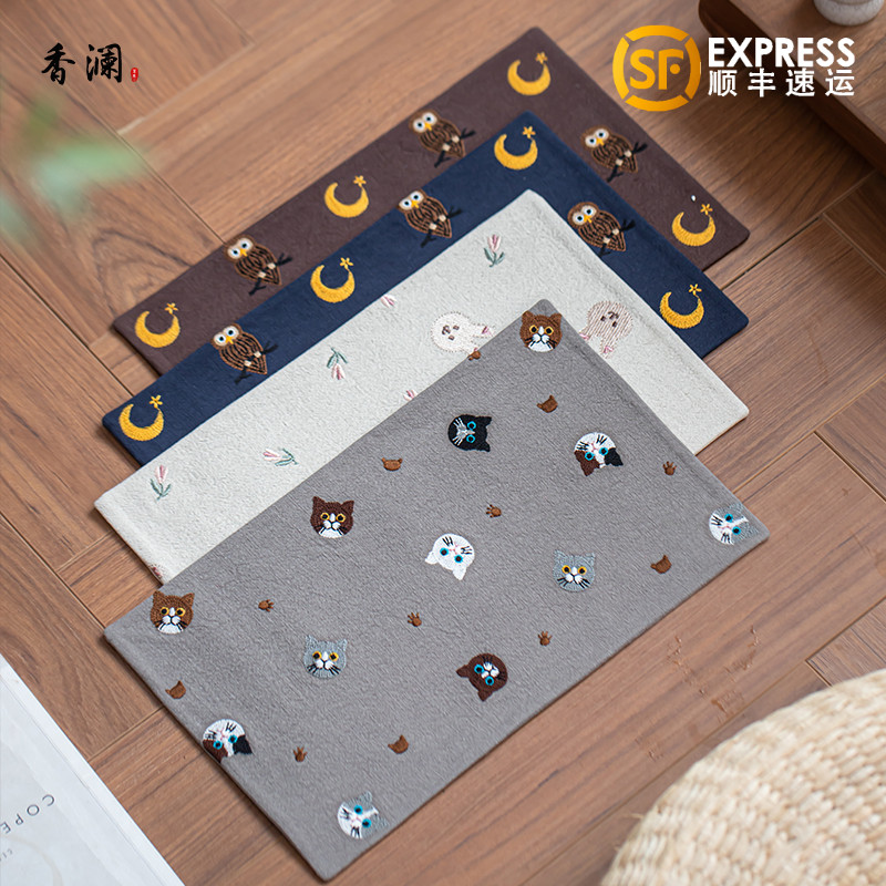 可爱风手工刺绣小茶席小动物图案加厚干泡垫茶台耐烫不皱棉麻桌垫