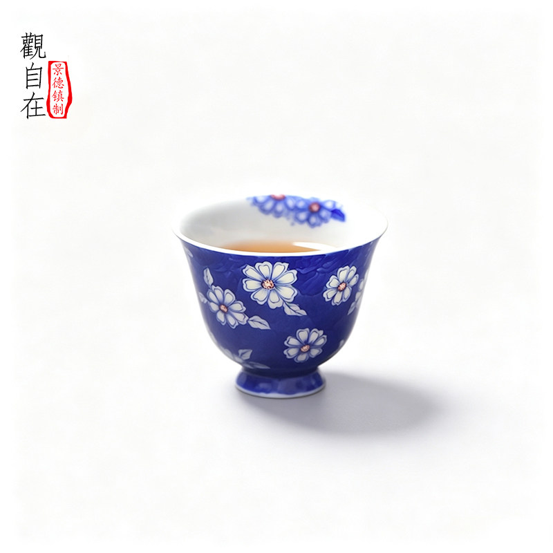 景德镇陶瓷观自在纯手工手绘青花小雏菊主人杯薄胎茶杯品茗杯茶具