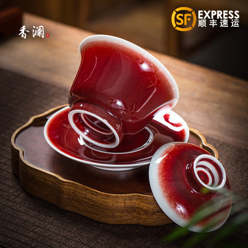 景德镇陶瓷 全手工郎红三才盖碗 大号单个泡茶碗茶杯功夫茶具套装