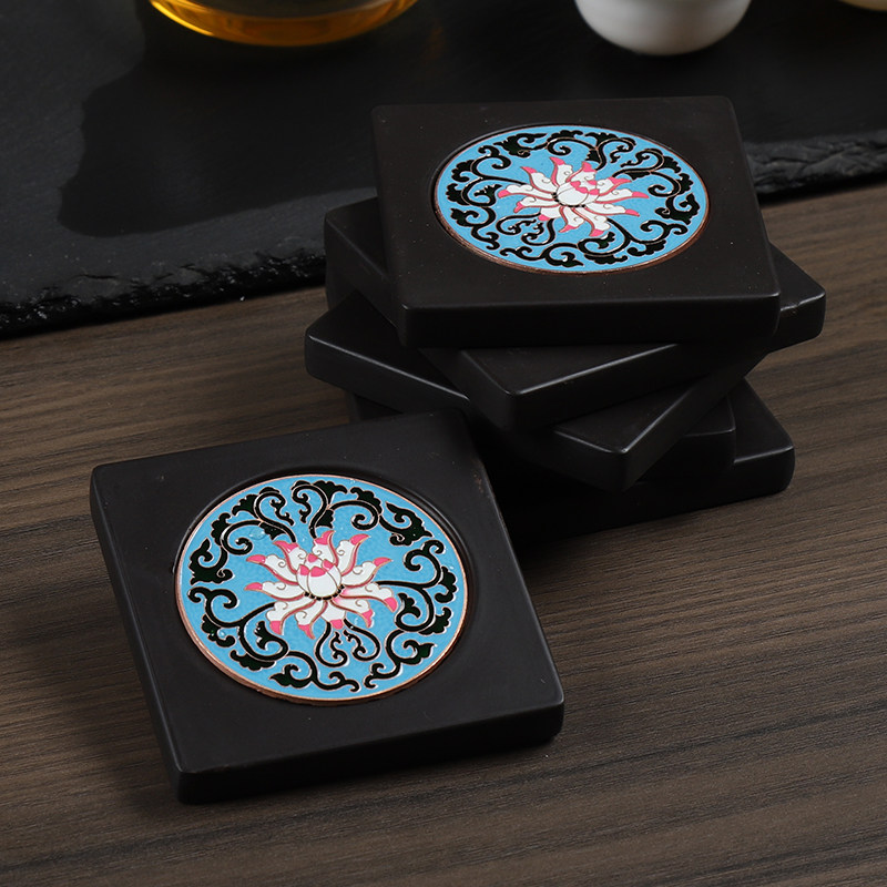 电木珐琅彩茶杯垫防烫黑檀木茶杯隔热垫功夫茶杯托工艺茶道茶配件