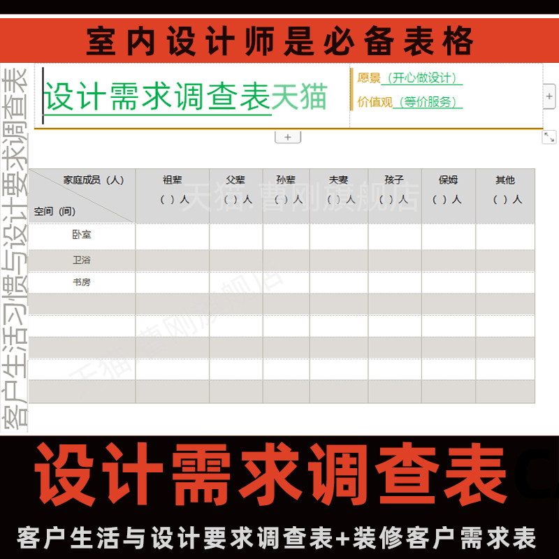 新出设计需求问卷调查表室内装修客户需求表生活习惯喜好记录表格