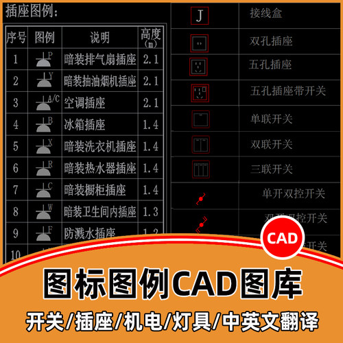 施工图图标图例CAD图库水电开关插座灯具空调安防CAD图块符号合集