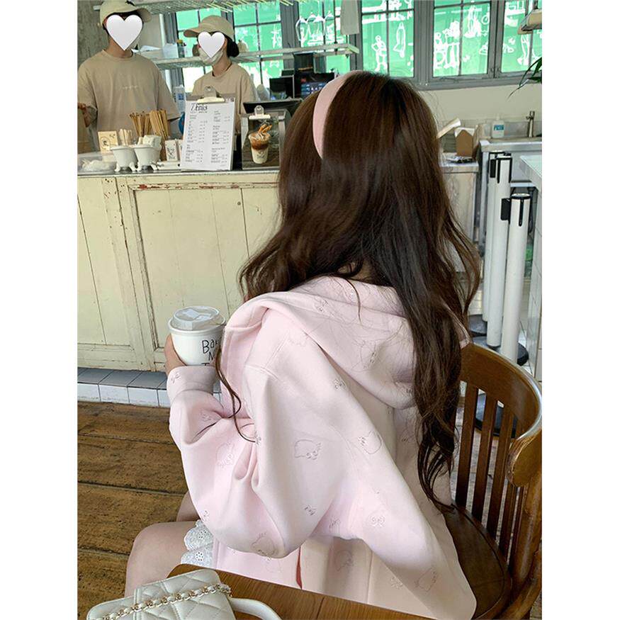 美式重工猫咪刺绣连帽拉炼卫衣女春秋2025年新款薄款宽松外套上衣