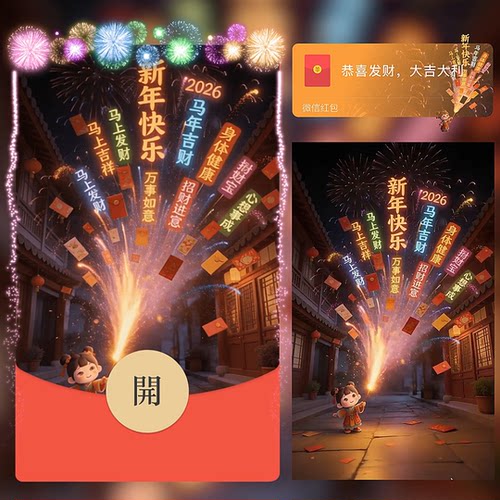 祝福烟花筒2026新年马年快乐微信红包封面新款创意wx皮肤动态音乐