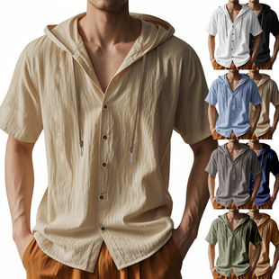 sleeved Cardi Solid Linen tton Hooded Short Casual lor Men