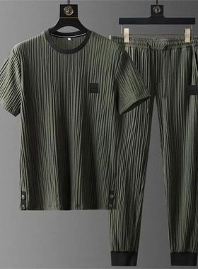 ew Summer Ice Silk Casual s Suit en's leated hin t shirt + a