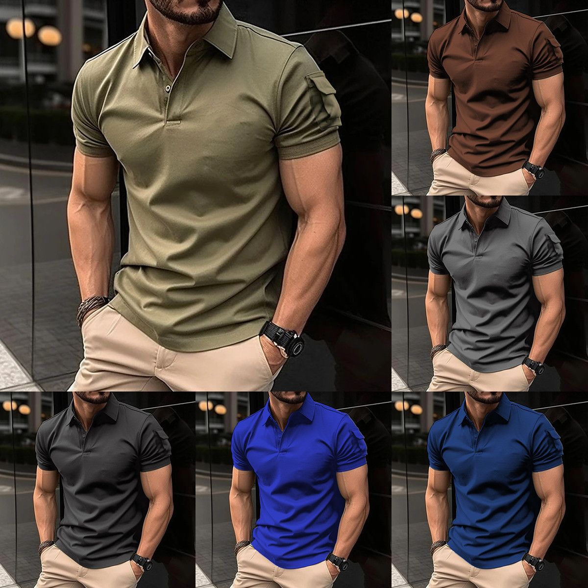 Quick Sale Men's Lapel Button Shirt Arm Pocket Sports  Shirt
