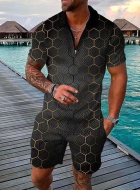 Summer Short Sleee  Shirt and shorts Suit two-iece Set ale h