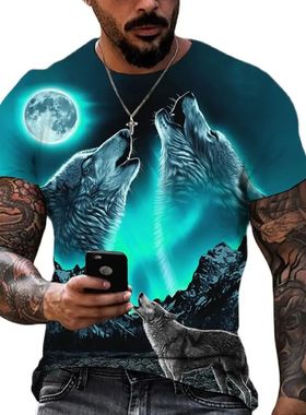 2023 Wolf  Shirt For ens Animal rint Short Sleee op 3D Casua