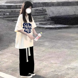 女童直筒裤夏装套装2025新款中大童短袖T恤韩版洋气网红炸街两件