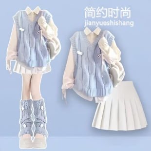 女童秋冬套装2025新款多巴胺洋气外套时髦马甲针织初中学生百褶裙