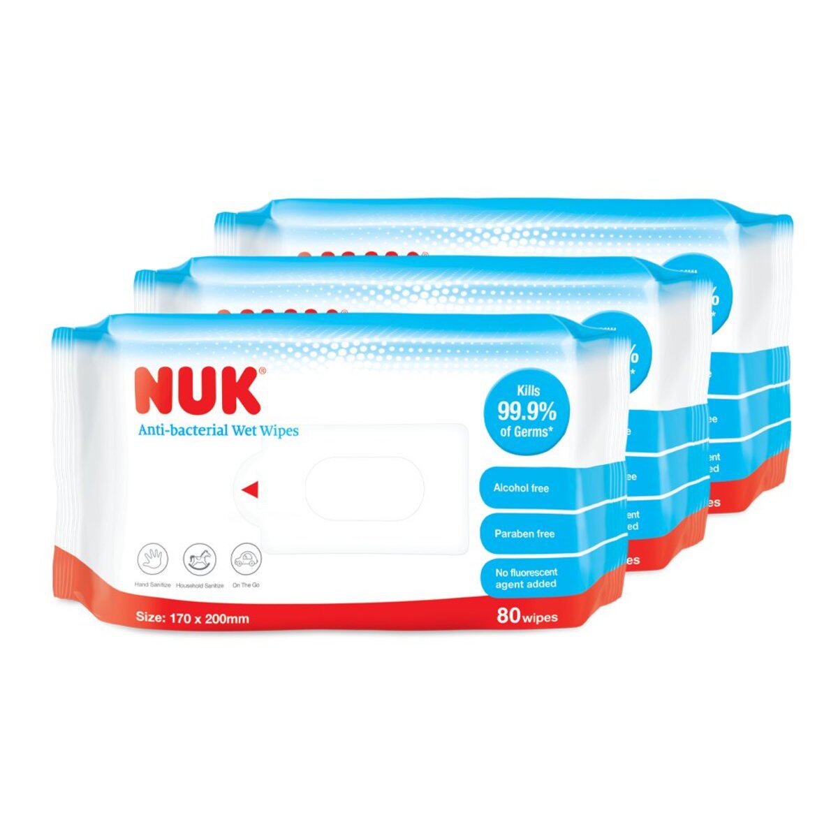 NUK无酒精杀菌湿纸巾80片x3有效杀死99.9%细菌方便携带不含酒精