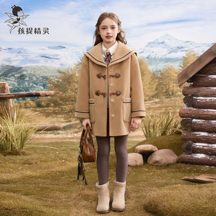 女童牛角扣夹棉加厚毛呢外套2025冬装新款洋气中大童呢子大衣儿童