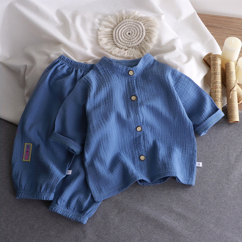 儿童立领棉纱套装夏季薄款男童女童纯棉家居服宝宝纱布空调服