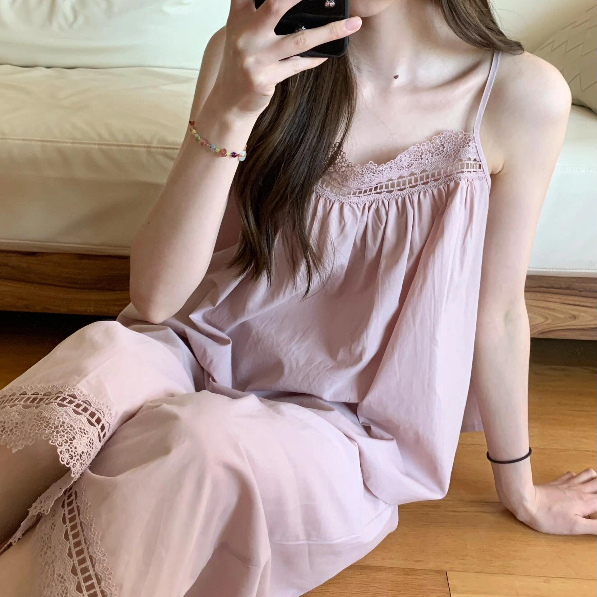 英国RMXJ 蜜粉蕾丝吊带睡衣女夏简约甜美长裤宽松家居服套装