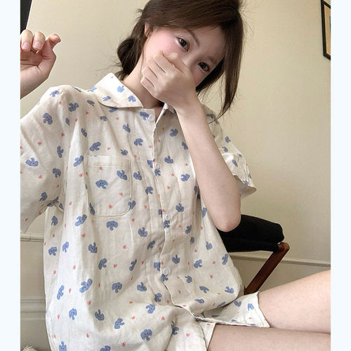 英国RMXJ蓝色小象纯棉睡衣夏季娃娃领短袖短裤甜美少女家居服