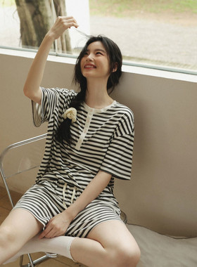 英国RMXJ 凉感睡衣女夏季莫代尔条纹短袖短裤大码宽松家居服套装