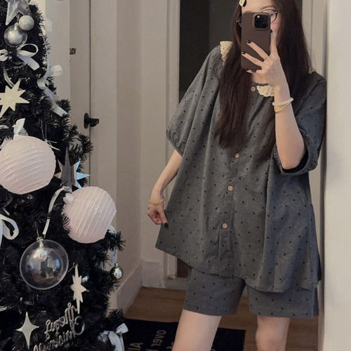 英国RMXJ2026年夏季睡衣纯棉短袖灰色点点少女公主花边家居服套装