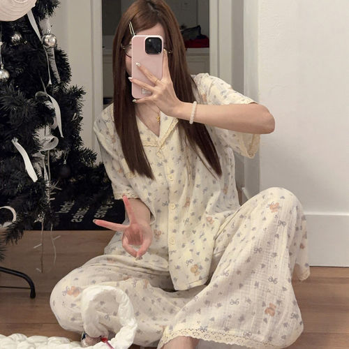 英国RMXJ花边小熊纯棉睡衣春秋季短袖长裤少女夏款家居服