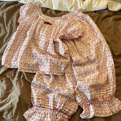 英国RMXJ甜美小樱桃印花短袖睡衣女夏季花边长裤少女家居服套装