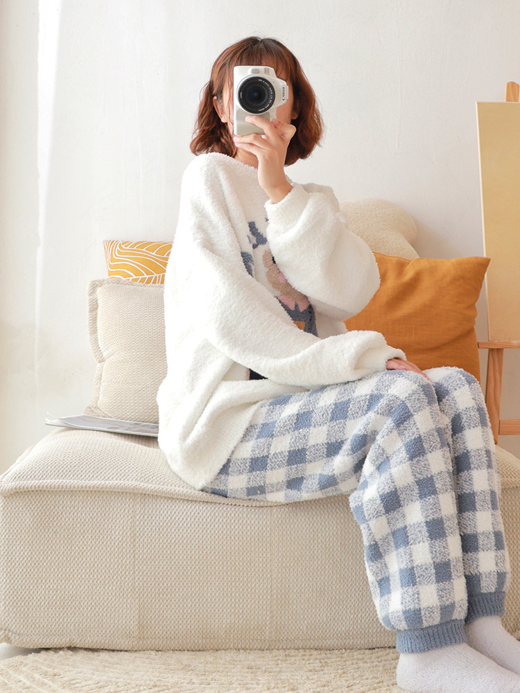 가을 겨울 여성용 바둑판 잠옷 곰 산호 벨벳 두꺼운 겨울 홈웨어 커버