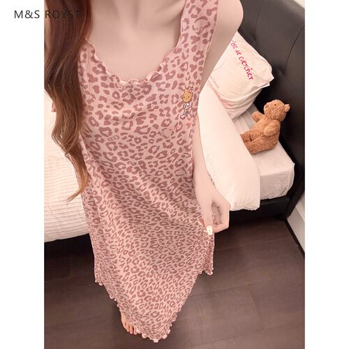 英国RMXJ 无袖睡裙女款2026新款夏季甜美豹纹冰丝螺纹睡衣家居服
