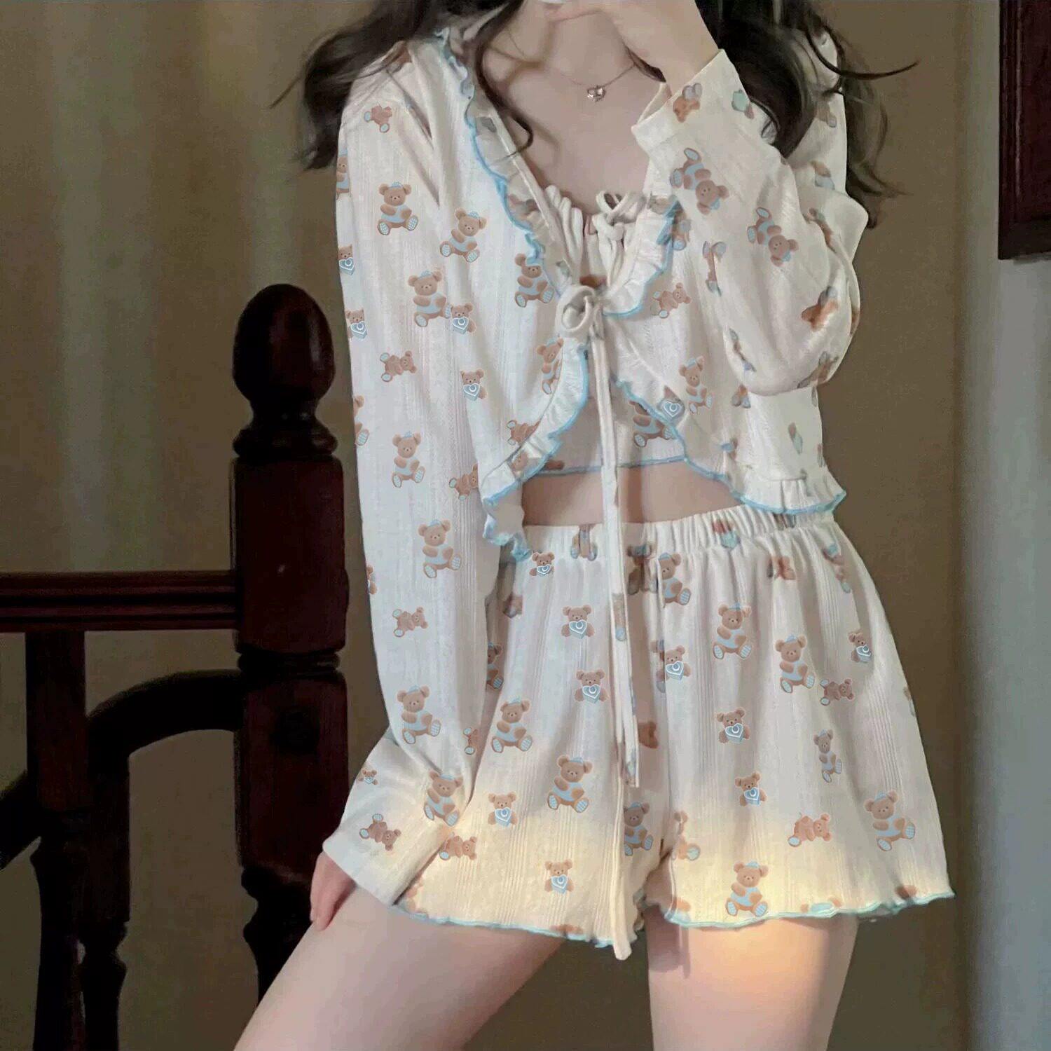 英国RMXJ 少女小熊吊带背心睡衣女夏季大码开衫短裤家居服三件套