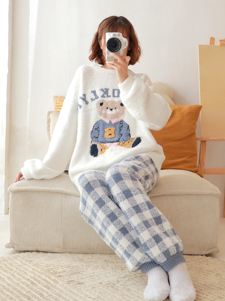 가을 겨울 여성용 바둑판 잠옷 곰 산호 벨벳 두꺼운 겨울 홈웨어 커버
