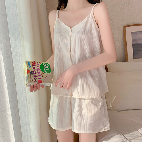 英国RMXJ 吊带睡衣女夏款纯棉夏季性感女杏色开衫背心两件套装