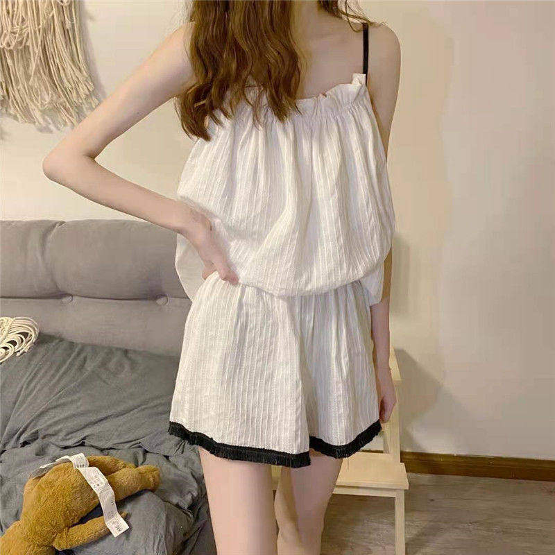 英国RMXJ 吊带短裤性感睡衣女夏季可爱薄款宽松家居服两件套