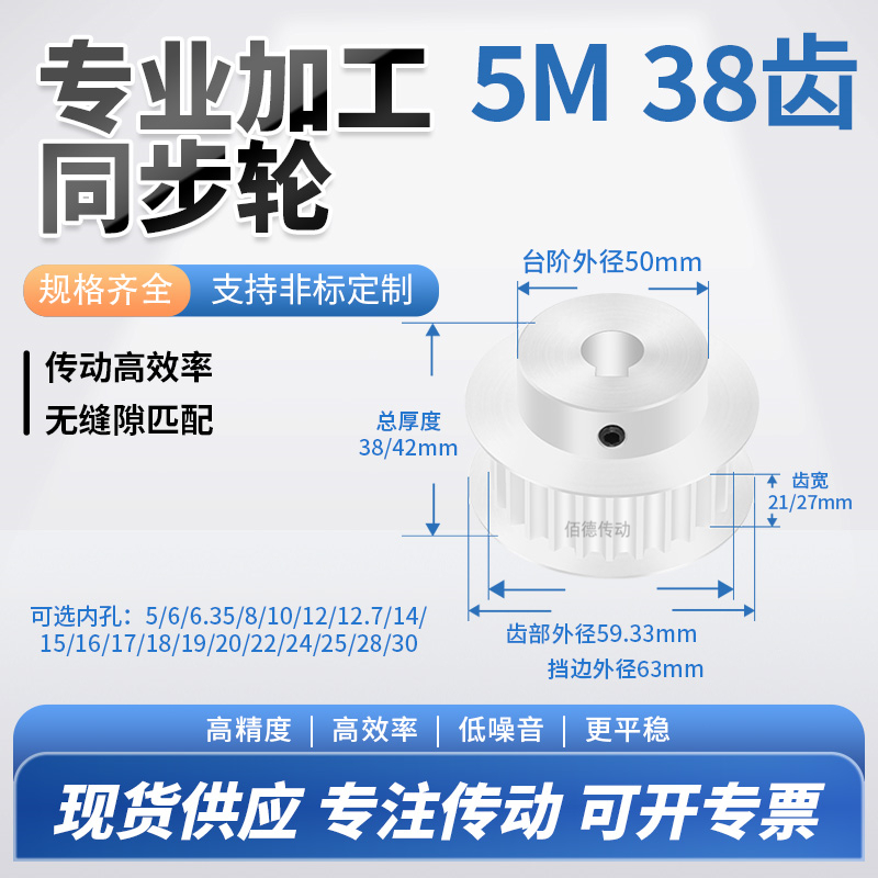 同步轮5M38齿BF齿宽21/27内孔56810121415铝微型调节导向同步带轮